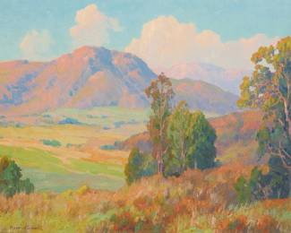 85
Maurice Braun
(1877-1941)
"San Diego Hills"
Oil on canvas
Signed lower left: Maurice Braun; titled twice on the stretcher bar; titled again on a gallery label affixed to the frame's backing board
16" H x 20" W
Estimate: $4,000 - $6,000