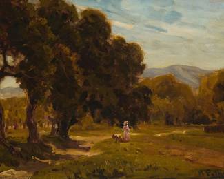 87
Hanson Duvall Puthuff
(1875-1972)
Figures walking through a clearing
Oil on canvas
Signed lower right: H Puthuff
14" H x 20" W
Estimate: $4,000 - $6,000
