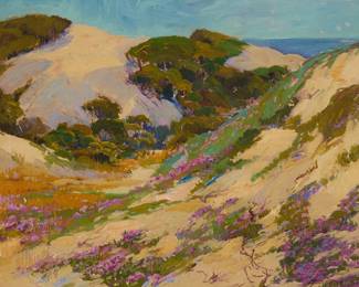 120
George Demont Otis
(1879-1962)
"Sand Verbena"
Oil on canvas
Signed lower right: Geo. Demont Otis; titled in pencil on the stretcher and again on a gallery label affixed verso; inscribed in orange pencil along the upper and lower stretchers: "Thou bloomest here a lonely thing / Morro Bay Beach"
20" H x 26" W
Estimate: $4,000 - $6,000