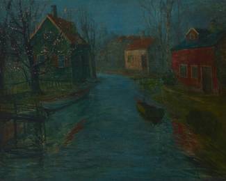 55
Svend Svendsen
(1864-1945)
Houses along a canal, 1917
Oil on canvas
Signed lower right: Svend Svendsen; signed again in pencil on the stretcher; dated "1917" in ink, verso
22" H x 28" W
Estimate: $800 - $1,200
