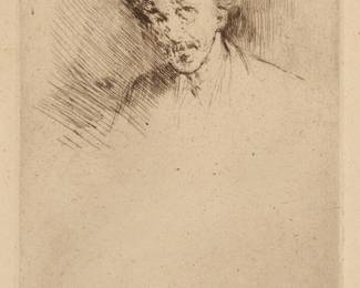 2
James McNeill Whistler
(1834-1903)
"Whistler with the White Lock," 1876-79
Etching and drypoint on off-white laid paper without watermark
From the edition of unknown size, of which 34 are known
Unsigned, as issued
Plate: 4.625" H x 3.125" W; Sheet: 8.5" H x 6.5" W
Estimate: $2,000 - $3,000