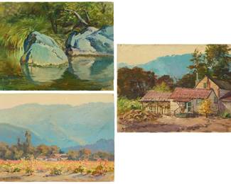 166
Albert Thomas De Rome (1885-1959)
Three works:

"Berwicks / Carmel Valley," 1943
Oil on unstretched canvas
Signed lower left: A. De Rome; titled and dated, verso: Dec 23 43; annotated by another artist, verso
6" H x 8" W

"Old Winery Nr [near] Los Gatos / Guadloupe [sic] Canyon / Autumn / T.J. Escover Ranch," 1948
Oil on unstretched canvas
Signed lower left: A. De Rome; titled, inscribed and dated, verso: Nov 10 48 / Rt 3 * x 391 L.G.; annotated by various artists, verso
6" H x 8" W

"Los Gatos Waterworn Slate / Picnic Ground"
Oil on unstretched canvas
Signed lower right: A. De Rome; titled verso
6" H x 8" W
Estimate: $800 - $1,200