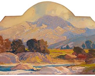 91
Fred Grayson Sayre
(1879-1939)
A mountainous California landscape with a flowing river
Gouache with traces of graphite on thin paperboard
Signed lower right: F. Grayson Sayre
17.875" H x 7.375" W (irreg.)
Estimate: $1,000 - $2,000