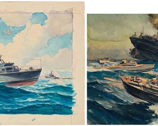 177
Joe Duncan Gleason (1881-1959)
Two works:

"Crash Boats - Army Rescue Craft in Action"
Watercolor and graphite on paperboard
Signed lower right: Duncan Gleason; titled in ink on an artist's label affixed to the frame's backing paper
Image: 7.625" H x 9" W (approx.); Paperboard: 9.25" H x 10.75" W

"Vosper P.T.s in Action"
Watercolor and graphite on paperboard
Signed lower right: Duncan Gleason; titled in ink on an artist's label affixed to the frame's backing paper
Sight: 8.5" H x 10" W
Estimate: $2,000 - $3,000