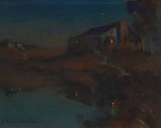 159
Charles Rollo Peters
(1862-1928)
"Adobe in the Moonlight"
Oil on canvas
Signed lower left: Charles Rollo Peters
12" H x 15.5" W
Estimate: $5,000 - $7,000