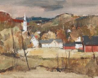 152
Paul Sample
(1896-1974)
"N.E. Autumn," 1954
Casein tempera on panel
Signed lower left: Paul Sample; signed again, dated, and inscribed in ink on a label affixed verso: "View from my pasture - done last year - autumn - Hope this little picture gives you continuous pleasure. / Paul Sample / Oct. 1954;" titled in ink on an artist's label affixed verso
10.5" H x 13.5" W
Estimate: $2,000 - $3,000
