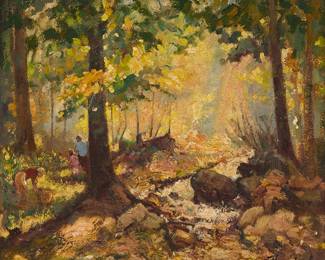 21
George Hausdorf
(1894-1959)
Figures in a wooded landscape
Oil on canvas
Signed lower right: George Hausdorf
14" H x 14.75" W
Estimate: $800 - $1,200