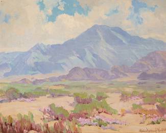 113
Marion Kavanagh Wachtel
(1870-1954)
"Desert Near Palm Springs"
Oil on canvasboard
Signed lower right: Marion Kavanagh Wachtel; titled in pencil verso
16" H x 20" W
Estimate: $7,000 - $9,000