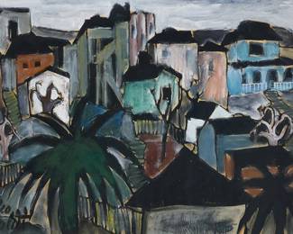 214
Leo Politi
(1908-1996)
"The City" (Los Angeles)
Tempera and gouache on paper laid to board
Signed twice, lower left and right: Leo Politi; titled and inscribed "landscape of poor section," in pencil, verso
20" H x 26" W
Estimate: $800 - $1,200
