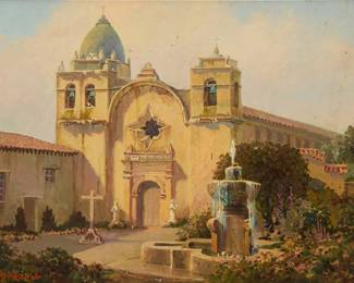161
Albert Thomas De Rome
(1885-1959)
"Carmel Mission," 1940
Oil on canvasboard
Signed lower left: A. De Rome; titled and dated "1940" in ink, verso
12" H x 16" W
Estimate: $1,000 - $1,500