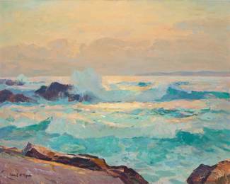 172
Frank Harmon Myers
(1899-1956)
"The Bay at Evening"
Oil on canvasboard
Signed lower left: Frank H. Myers; signed again, titled, and numbered "#638" on the frame's backing board; titled again on a gallery label affixed to the same backing board
16" H x 20" W
Estimate: $1,200 - $1,800