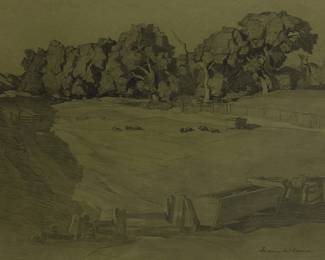 158
Francis McComas
(1875-1938)
Livestock in a farm pasture
Graphite on green paper
Signed in pencil lower right: Francis McComas
Sight: 21" H x 29" W
Estimate: $3,000 - $5,000