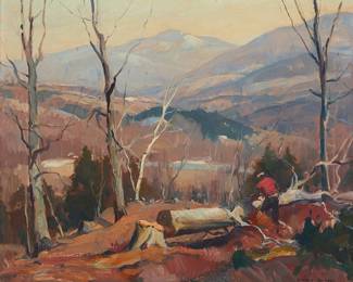 149
Emile Albert Gruppe
(1896-1978)
"The Wood Cutter," circa 1953
Oil on canvas
Signed lower right: Emile A. Gruppe; titled on the stretcher and again on part of an old exhibition label affixed to the stretcher
25" H x 30" W
Estimate: $3,000 - $5,000