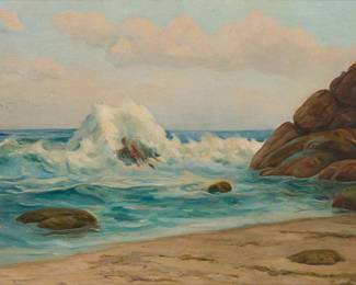 78
Marie Boening Kendall
(1885-1953)
Crashing waves in a San Diego coastal view
Oil on canvas
Signed lower left: Marie B. Kendall
20.25" H x 24" W
Estimate: $1,500 - $2,000