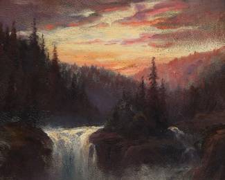 37
William Keith
(1838-1911)
Waterfall at sunset
Oil on academy board
Signed lower left: W. Keith
11.125" H x 13.5" W
Estimate: $4,000 - $6,000