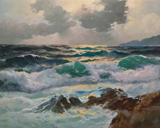 210
Alexander Dzigurski
(1911-1995)
Rocky seascape
Oil on canvas
Signed lower right: A. Dzigurski; inscribed "#115-A" in pencil and with the artist's black ink copyright stamp, all verso
16" H x 20" W
Estimate: $1,000 - $1,500
