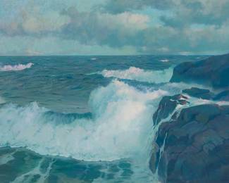 211
Frank Handlen
(1916-2023)
"The Eternal Sea"
Oil on Masonite
Signed lower right: Handlen; titled on two labels affixed to the frame's backing paper
44" H x 60" W
Estimate: $1,500 - $2,500