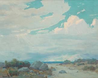 129
Elmer Wachtel
(1864-1929)
"In San Jacinto Valley"
Oil on canvas
Signed and with the artist's device lower left: Wachtel; titled in pencil on the upper stretcher; titled again in ink, in another hand, on the frame's backing board
14" H x 18" W
Estimate: $4,000 - $6,000