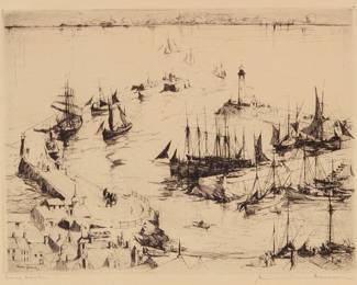 9
Armin Carl Hansen
(1886-1957)
"Snug Harbor," 1928
Etching on wove paper
From the edition of less than 350
Signed and titled in pencil in the lower margin: Armin Hansen; signed and dated "'28" in the plate lower left
Plate: 6" H x 8" W; Sight: 6.5" H x 8.25" W
Estimate: $600 - $800