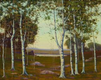 156
Edmund Henry Wuerpel
(1866-1958)
"Birch Grove," 1926
Oil on canvasboard
Signed with monogram lower right; signed, titled, and dated verso: E. H. Wuerpel / Birch Grove / 1926
18" H x 24" W
Estimate: $1,000 - $1,500