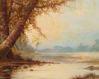 52
Astley David Middleton Cooper
(1856-1924)
Trees along a vast river landscape, 1915
Oil on canvas
Signed and dated lower right: A.D.M. Cooper. 1915.
9.75" H x 28" W
Estimate: $800 - $1,200