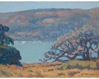 15
Gottardo Piazzoni
(1872-1945)
"Lake with Tree," 1923
Oil on canvas laid to board
With the incised signature and date lower right: GPIAZZONI '23; with the incised signature "PIAZZ" again, lower left; dated again, titled, and numbered "276" in ink, all verso
6.25" H x 8.5" W
Estimate: $2,000 - $3,000