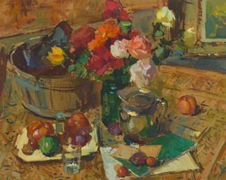 192
Sergei Bongart
(1918-1985)
Still life with fruit and flowers, 1975
Oil on board
Signed and dated upper left: Sergei Bongart 1975
32" H x 40" W
Estimate: $1,000 - $1,500