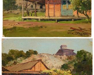 163
Albert Thomas De Rome (1885-1959)
Two works:

"Guadlupe [sic] Quicksilver / Mines Old Brick Store," 1950
Oil on unstretched canvas
Signed lower right: A. De Rome; titled and dated, verso: Nov 50
6" H x 8" W

"Guadlupe [sic] Mines - Quicksilver / Boarding House Shaft House / Cinnabar Dump," 1950
Oil on unstretched canvas
Signed lower right: A. De Rome; titled and dated, verso: Nov 50; annotated by another artist, verso
6" H x 8" W
Estimate: $800 - $1,200