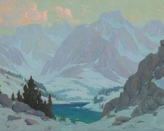 94
Elmer Wachtel
(1864-1929)
Lake in the Eastern Sierras, 1924
Oil on canvas
Estate stamped with the artist's device lower right: Wachtel; titled and dated on a label affixed to the frame's backing board
18" H x 24.125" W
Estimate: $10,000 - $15,000