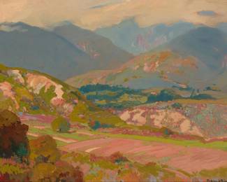 130
Franz Arthur Bischoff
(1864-1929)
Landscape with hills
Oil on board
Signed lower right: Franz A. Bischoff
12.75" H x 19" W
Estimate: $6,000 - $8,000