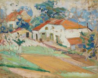 141
Joseph Raphael
(1869-1950)
"Country Houses" (Belgium)
Oil on board laid to panel
Signed lower left: Joe Raphael; titled on the frame plaque; titled again on a gallery label affixed to the frame's backing board
27.625" H x 35.25" W
Estimate: $20,000 - $30,000