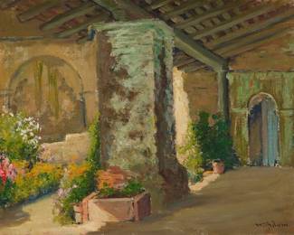 160
William Adam
(1846-1931)
Possibly Carmel Mission near the garden
Oil on canvas laid to board
Signed lower right: Wm Adam
14" H x 17" W
Estimate: $700 - $1,000
