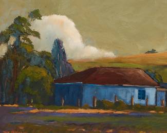 69
Jack Cassinetto
(1944-2018)
"Blue Farm House"
Oil on Masonite
Signed lower left: Jack Cassinetto; signed again, titled, dated, and inscribed, all verso: 1998 / "In Sonoma Near Petaluma"
13" H x 15.25" W
Estimate: $700 - $900