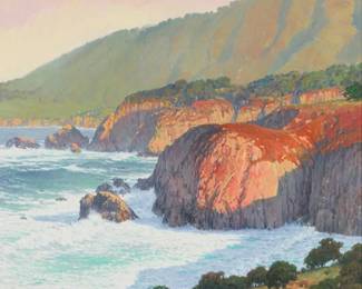 179
Patrick Woodman
(b. 1948)
"Rocky Point"
Oil on canvas
Signed lower right: Woodman; titled on a label affixed to the frame's backing board
30" H x 30" W
Estimate: $1,000 - $1,500