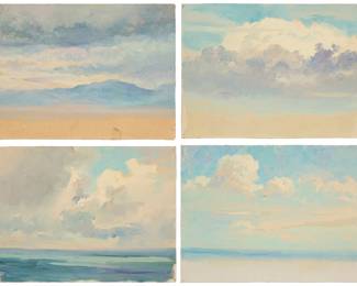 26
Albert Thomas De Rome (1885-1959)
Four works:

"Mt Hamilton - from Los Gatos," 1937; and three untitled and undated seascapes with clouds
Each: Oil on unstretched canvas
Each unsigned; one work is titled and dated in ink, verso: Nov 1937
Each: 6" H x 8" W
Estimate: $1,000 - $1,500