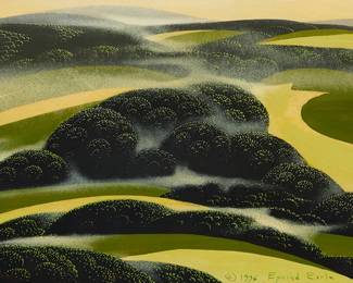 212
Eyvind Earle
(1916-2000)
"Morning Fog," 1995
Oil on panel
Signed and dated along the lower edge, at right: © 1995 Eyvind Earle; dated again in the lower left corner: 2.3.95; dated again, titled, and numbered "496," all verso; titled and dated yet again along the upper, unpainted edge of the panel (currently covered by a strip of black-painted wood trim related to the framing)
7.5" H x 12" W
Estimate: $1,200 - $1,800