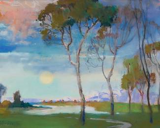68
Theodore Nicolai Lukits
(1897-1992)
Eucalyptus in a vast California landscape, circa 1923
Pastel on thin light brown paper
Signed and inscribed lower left: "Lukits - 'HC' -"; inscribed and presumably titled and dated on a label affixed to the frame's backing paper: " Hors Concours / N.C.[sic] / Taken all highest / honors & out of competition / 1923 / Tuluca[sic] Lake"
Sheet: 11.875" H x 15.875" W
Estimate: $1,500 - $2,500