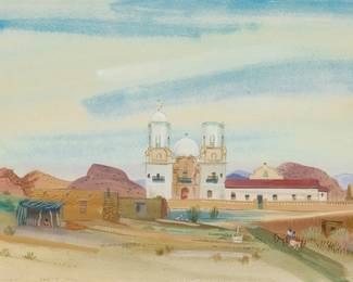 108
John Charles Haley
(1905-1991)
"San Xavier, Arizona," 1942
Gouache and watercolor on paper
Signed and dated lower left: "John Haley Feb 3 1942"; titled from a gallery label affixed to the frame's backing paper
Sight: 13.125" H x 19.25" W
Estimate: $800 - $1,200