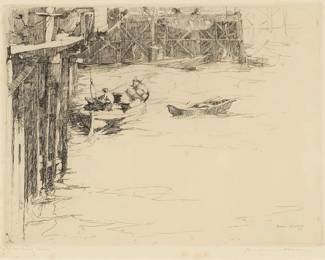8
Armin Carl Hansen
(1886-1957)
"Unloading Fish," 1922
Etching on wove paper
From the edition of unknown but presumably small size; only 13 impressions were located by White
Signed and titled in pencil in the lower margin: Armin Hansen; signed and dated "22" in the plate lower right
Plate: 6" H x 7.875" W; Sight: 6.5" H x 8.125" W
Estimate: $800 - $1,200