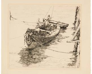 6
Armin Carl Hansen
(1886-1957)
"The Sardine Barge," 1922
Etching on Arches laid paper
From the edition of unknown but presumably small size; only 26 impressions were located by White
Signed and titled in pencil in the lower margin: Armin Hansen; with the printed signature and dated "'22" in the plate at lower left
Plate: 12.875" H x 14.75" W
Estimate: $1,500 - $2,500