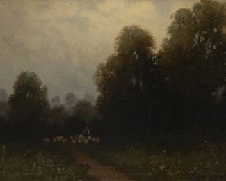 54
Carl Jonnevold
(1856-1955)
Sheepherder and flock walking through a California landscape
Oil on canvasboard
Signed lower right: C. Jonnevold
5.875" H x 7.875" W
Estimate: $500 - $700