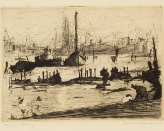 10
Armin Carl Hansen
(1886-1957)
"Oakland Estuary," 1920
Etching on wove paper
From the edition of unknown but presumably small size; only 10 impressions were located by White
Signed and titled in pencil in the lower margin: Armin Hansen; initialed and dated "'20" in the plate at lower left
Plate: 4.875" H x 6.875" W; Sight: 5.625" H x 7.375" W
Estimate: $600 - $800