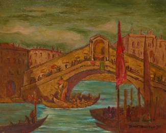 139
Dana Bartlett
(1882-1957)
View of the Rialto Bridge, Venice
Oil on Masonite
Signed lower right: Dana Bartlett
12.375" H x 16.25" W
Estimate: $800 - $1,200
