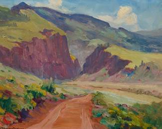 111
Jean Mannheim
(1863-1945)
"Wagon Wheel Gap, Colorado"
Oil on canvasboard
Signed lower left: J. Mannheim; titled and numbered "129" in ink, possibly in another hand, on a label affixed verso
12" H x 15.5" W
Estimate: $800 - $1,200