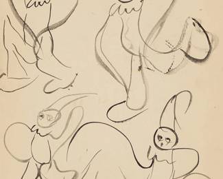 186
Ted De Grazia
(1909-1982)
Four clowns, 1938
India ink on off-white paper
Signed and dated lower center: De Grazia / 1938
Sight: 10.75" H x 8.75" W
Estimate: $600 - $800