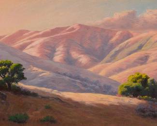 36
Louis Edward Rea
(1868-1927)
"Marin Hills, California, (Lucas Valley District)," 1927
Oil on canvas laid to board
Signed lower left: L.E. Rea ©; signed again, "Louis Edward Rea," titled, and dated 1927 in ink, all on the frame's backing paper; titled, dated, and inscribed on the frame's backing paper; titled again, alternatively dated 1926, and numbered "#387" on a typed label affixed verso
10" H x 16" W
Estimate: $1,000 - $1,500