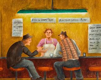 221
Marta Becket
(1924-2017)
Café scene, 2004
Oil on canvas
Signed and dated lower left: Becket / 11-04
12" H x 24" W
Estimate: $1,000 - $1,500