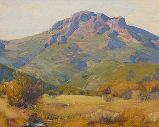 86
Hanson Duvall Puthuff
(1875-1972)
"Upland Meadow," circa 1925
Oil on board
Signed lower right, partially obstructed by the frame: H. Puthuff; signed again and titled verso; titled again and dated on a gallery label affixed verso
12" H x 16" W
Estimate: $3,000 - $5,000