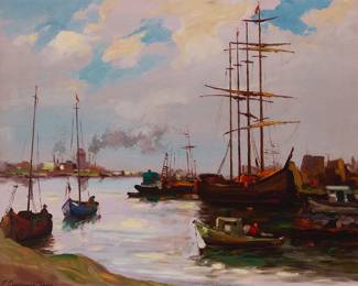 50
John Christopher Smith
(1891-1943)
"The Port of Los Angeles"
Oil on canvas
Signed lower left: J. Christopher Smith; titled by repute
24.25" H x 30" W
Estimate: $2,500 - $3,500