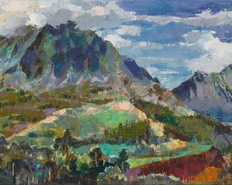 204
Lau Chun
(b. 1942)
Hawaiian mountain landscape
Oil on canvas
Signed lower left: Lau Chun; numbered "79028" in pencil, possibly in another hand, verso
24" H x 36" W
Estimate: $800 - $1,200